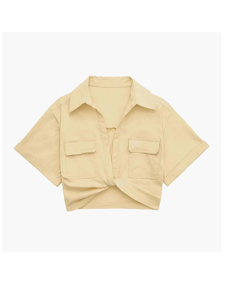Women Fashion Front Knot Elastic Linen Cropped Shirts Vintage Short Sleeve Patch Pockets Female Blouses Blusa Chic Tops