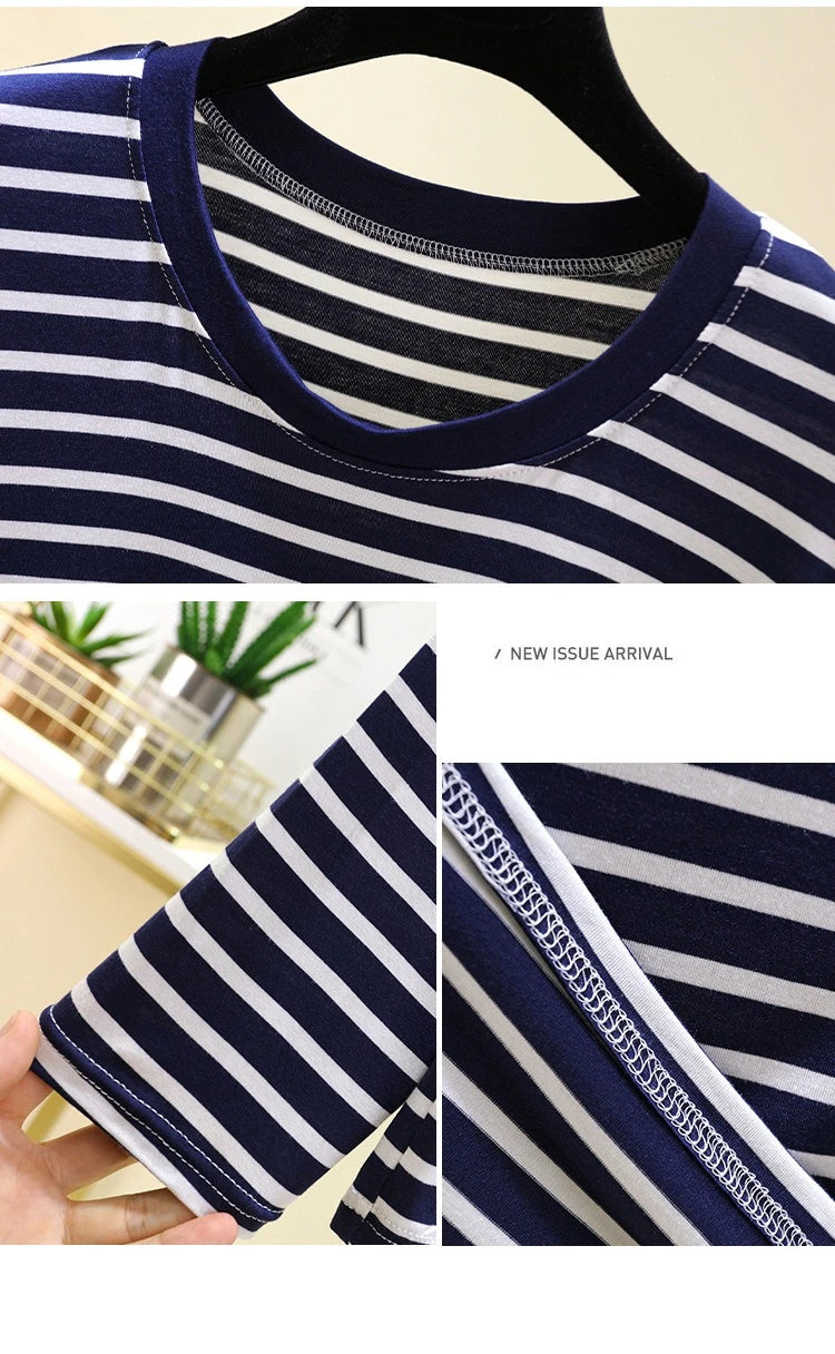 Spring Men Striped T-Shirt Loose and Versatile Sleepwear Round Neck Long Sleeved Top Casual Plus Size Simple Pajamas Homewear