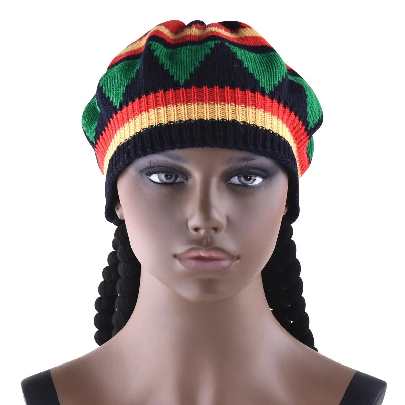 Unisex Synthetic Wig Knit Braid Hat Jamaican Bob Rasta Beanie Cap Dreadlocks Wig Bob Marley Caribbean Hip Hop Cosplay Headwear