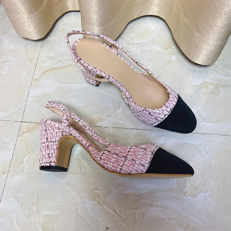 2023Spring Autumn Fashion High Heels Sandals Women's Dress Square Toe Slingback Shoes Women's Color Block Back With Flat Sandals