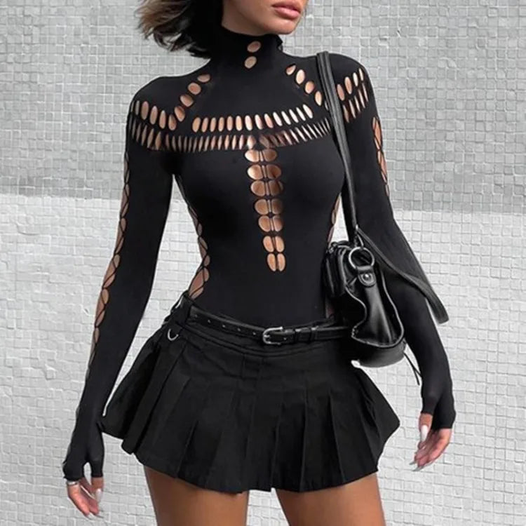 Sexy Streetwear Slanted Shoulder Hollow Sleeveless Jumpsuit Hot Girls Tight Fitting Slimming Bottom Jumpsuit Punk Personality