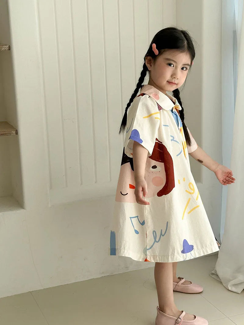 Loose Fit Summer Kids Clothes Set Girls Cute Graffiti Dress Boys Short Sleeved Shirt Children Thin Brother Sisters Outwear Suit
