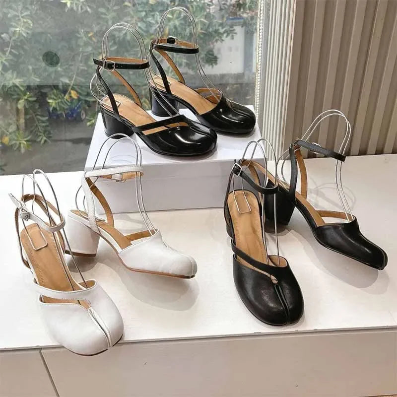 New Fashion Patent Leather Cross Belt Tabi Women's Pumps Spring and Summer Slingbags Split Toe Thick High Heels Chunky Shoes