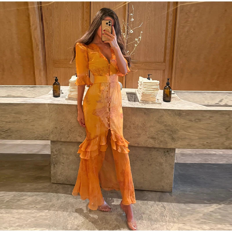Chic Floral Puff Sleeve Women Maxi Dress Sexy V Neck Button Down Ruffle Slit Vestidos 2026 Summer New Lady Daily Party Sundress