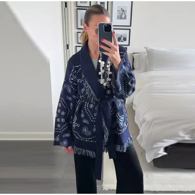 Elegant Print Tassel Cardigan Women Belt V-neck Long Sleeve Loose Knitted Sweaters Female 2025 Autumn Winter Chic Knitwears Lady
