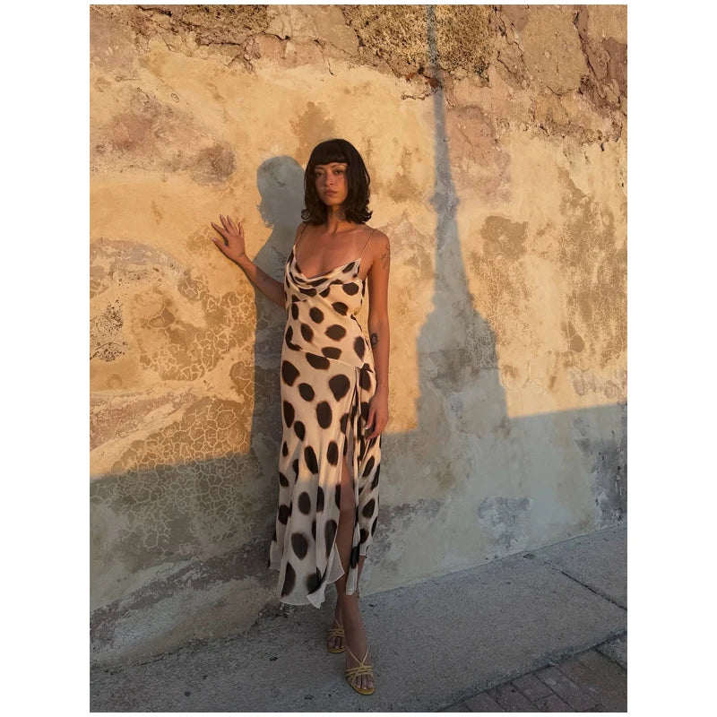 Women Two Tone Dot Print Long Sleeve Split Midi Dress Y2K Deep V Drawstring Slim Mermaid Skirt 2026 Street Club Party Outfit