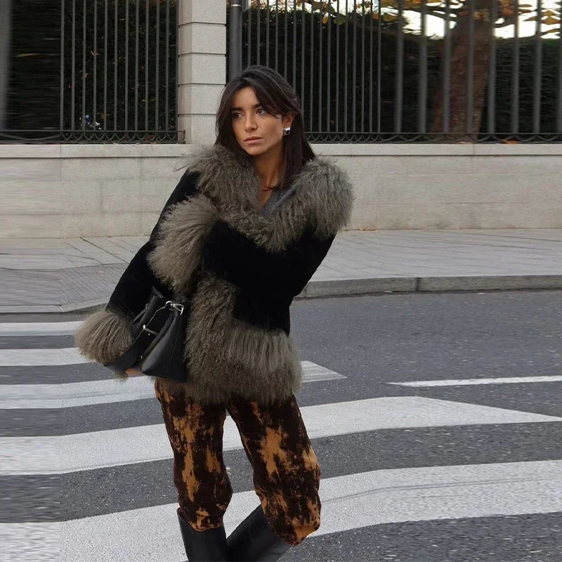 Vintage Patchwork Women's Faux Fur Trim Coat Urban Lapel Full Sleeve Female Jacket Female 2026 Autumn Winter Lady Streetwear New