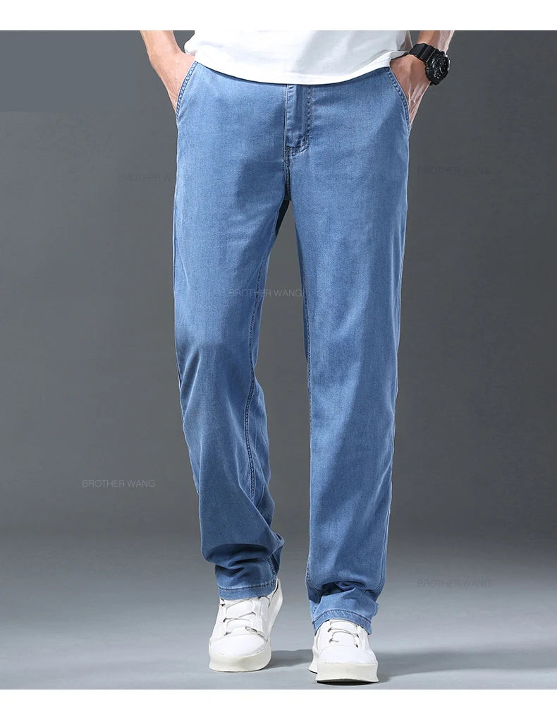 Lyocell Ice Silk Jeans Men's Summer Ultra-thin Loose Straight Denim Pants Soft Comfortable Brand Male Light Blue Trousers