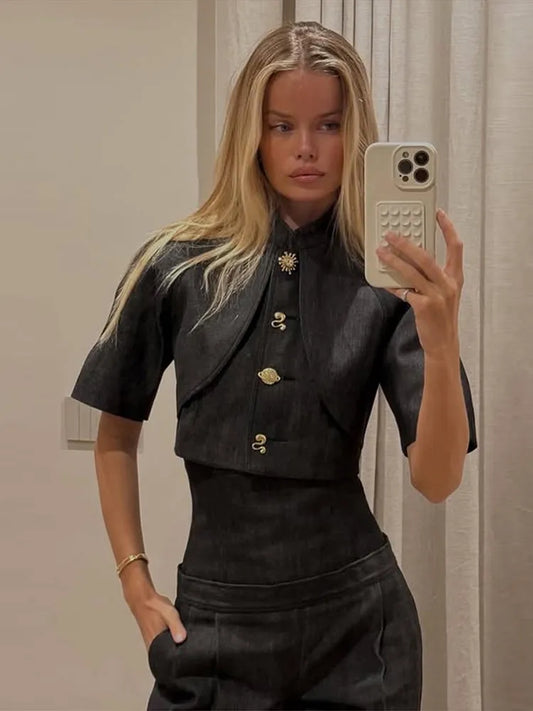 Women Denim Coat Pants Set Middle Sleeve Single Breasted Top Jackets High Waist Leg Loose Trouser Suit Lady Elegant Chic Sets