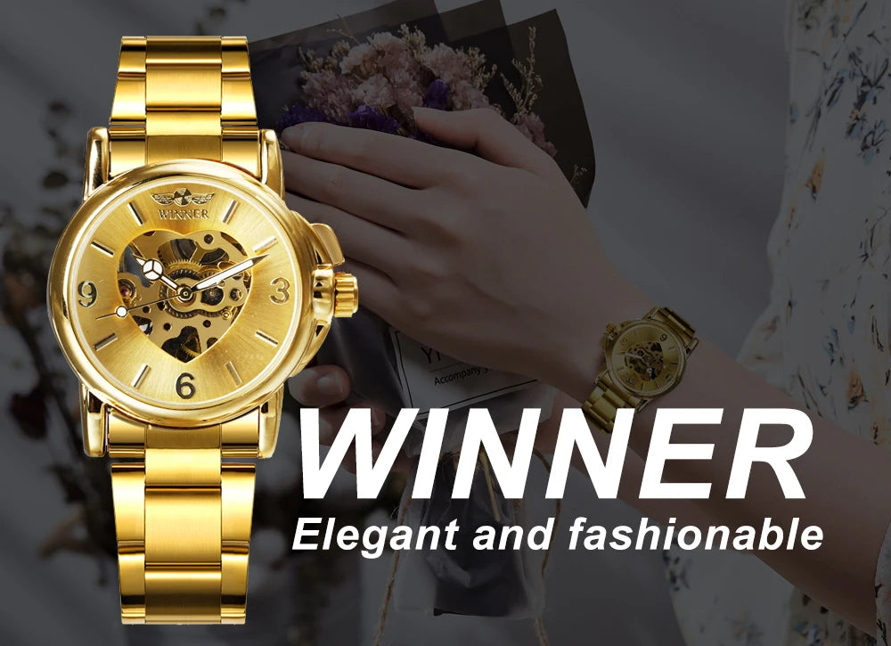 WINNER Fashion Elegant Ladies Watches Top Brand Luxury Skeleton Gold Automatic Mechanical Watch for Women Stainless Steel Strap