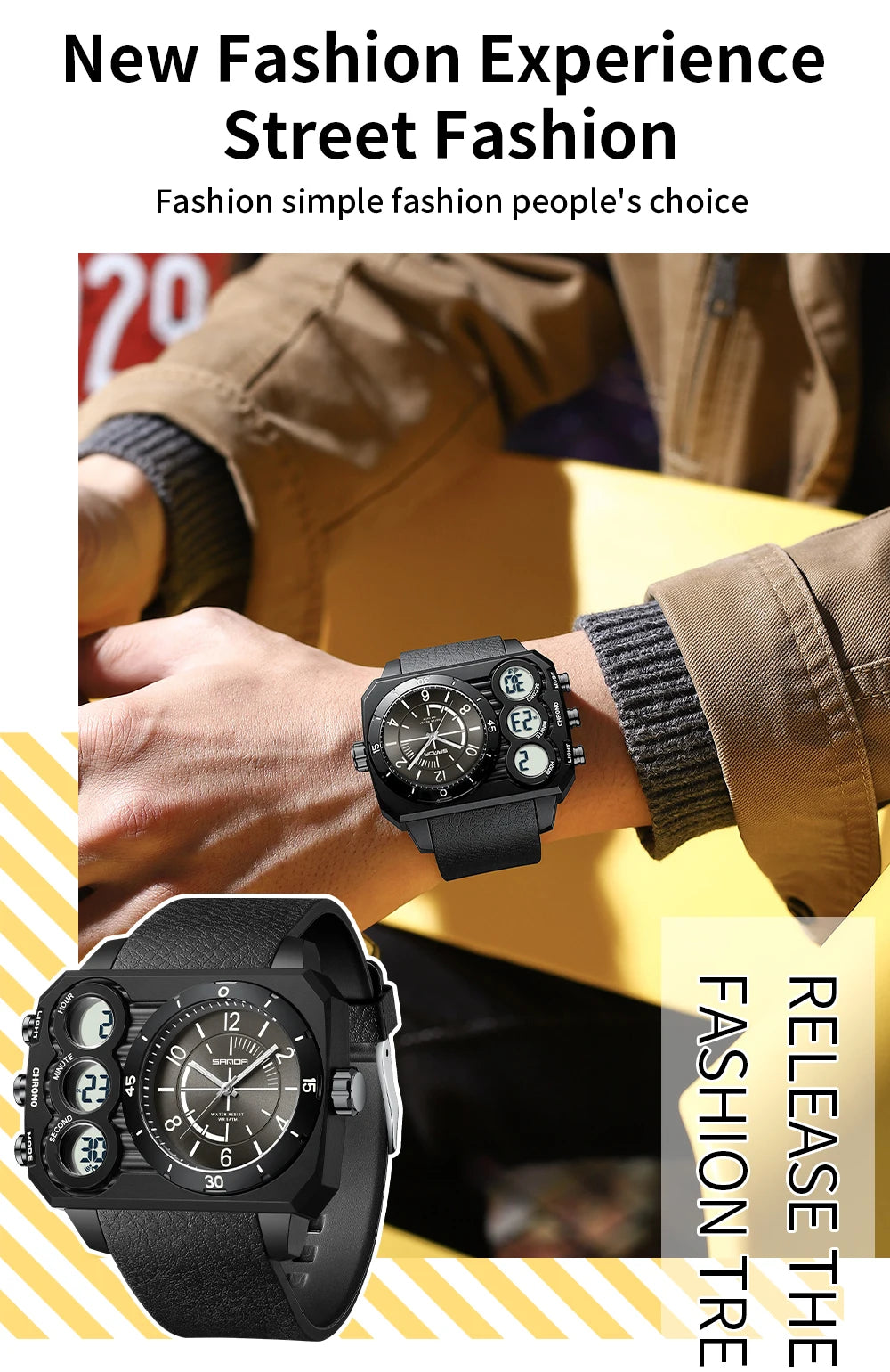 SANDA Men Watch Square Big Dial Waterproof Double Display Wristwatch Man Chronograph Digital Clock Men's Military Quartz Watches