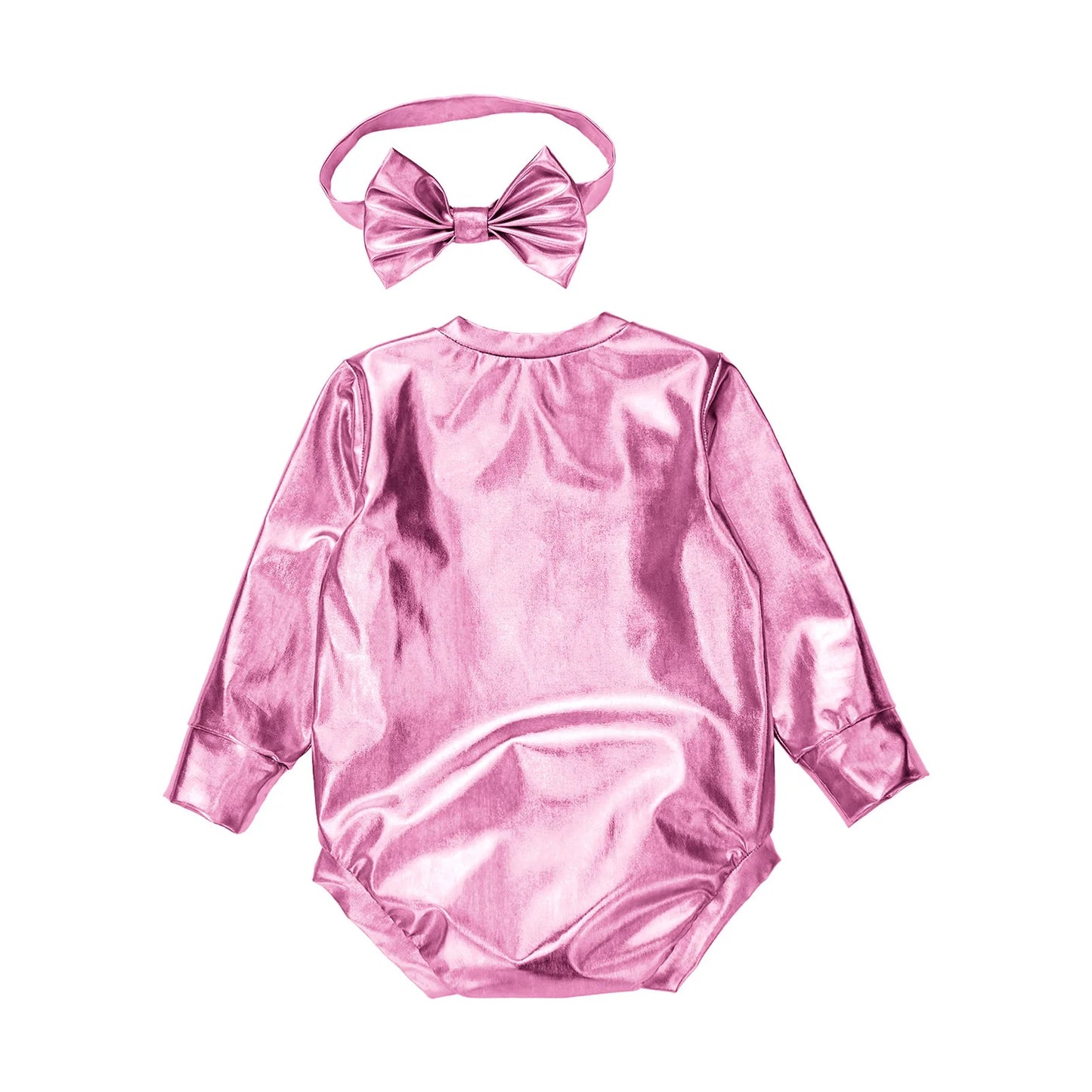 Baby Girls Long Sleeve Metallic Shiny Buttons Crotch Romper with Bow Headband Birthday Theme Party Photography Outfit Daily Wear