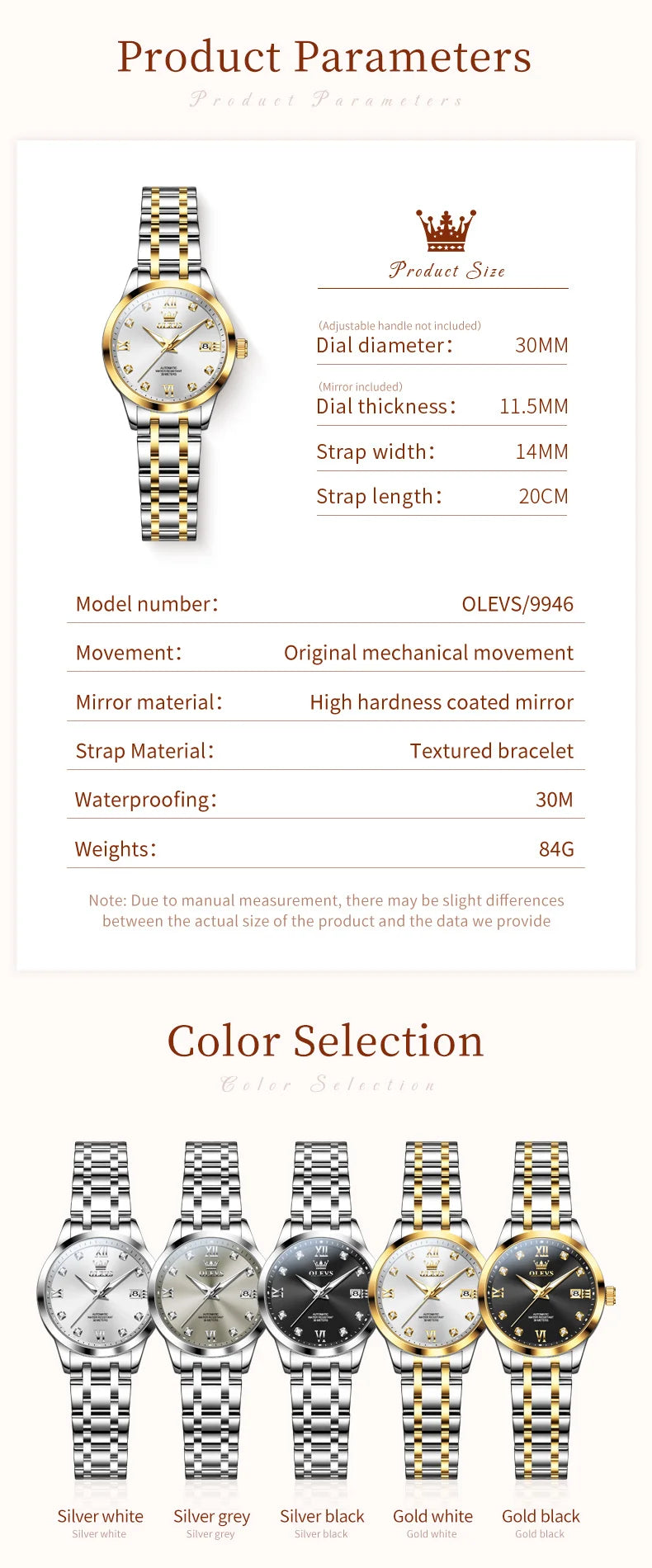 OLEVS 9946 Automatic Woman Watch Fashion Simplicity Ladies Watches Auto Date Waterproof Luminous Women's Mechanical Wristwatches