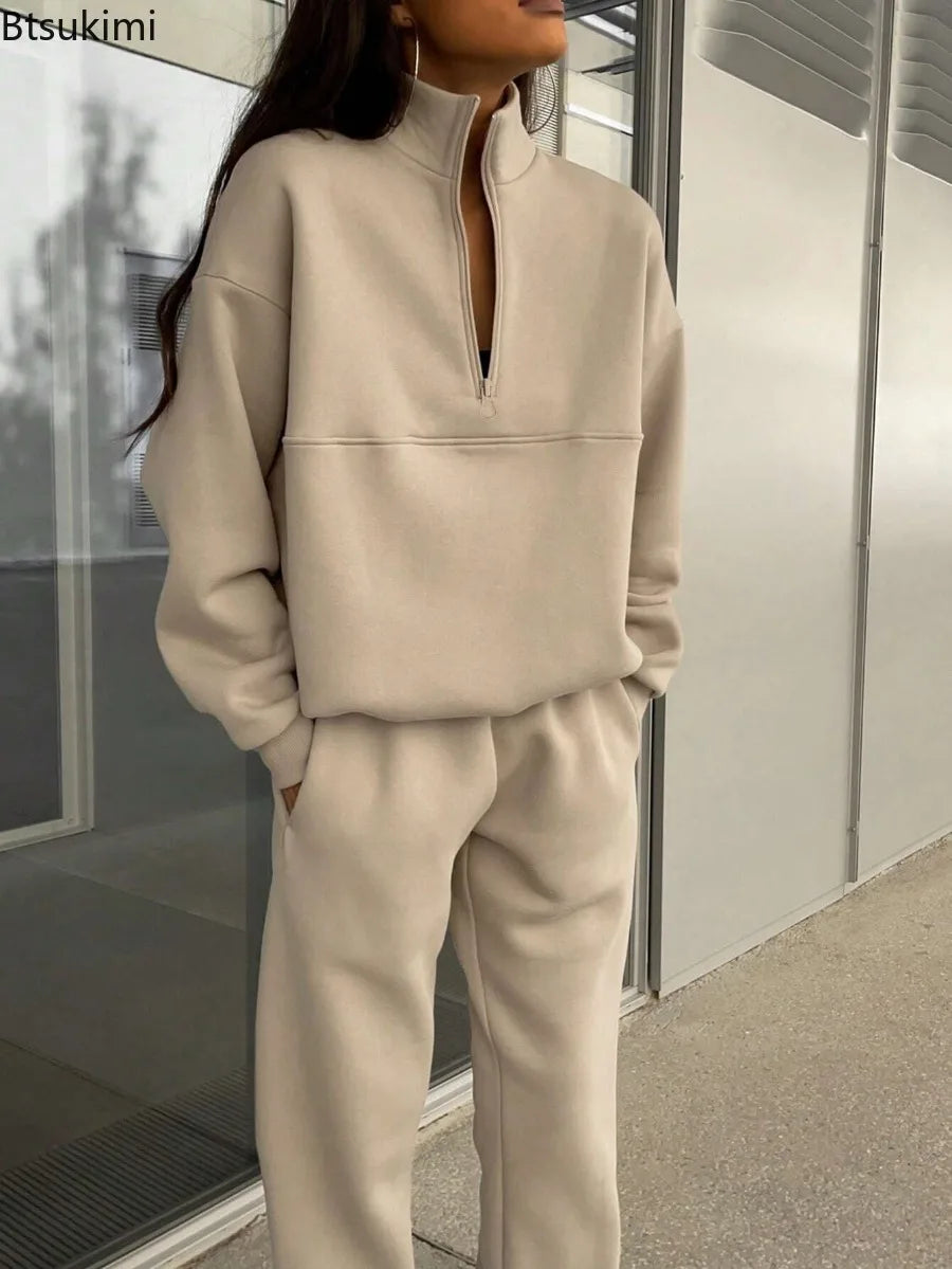 2026 Casual Pants Sets for Women Loose Long Sleeve Zipper Pullover Elastic Waist Trousers Two-piece Sets Women Tracksuit Outfits