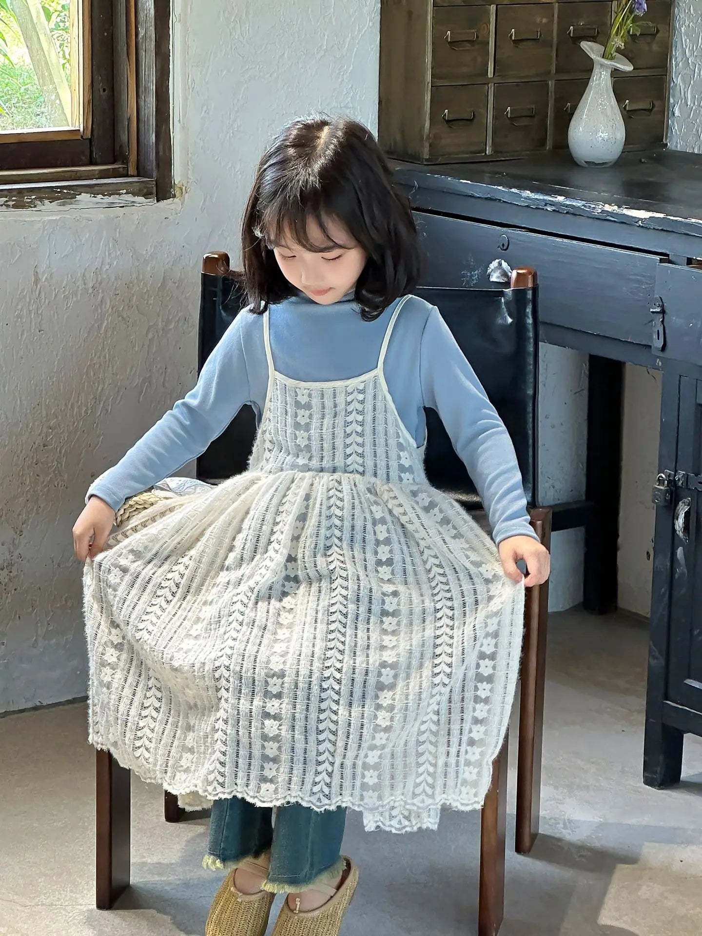 Girl Casual Dresses Autumn Winter Childrens Clothing New Korean 2026 Lace Camisole Skirt Washing Retro Make Old Jeans