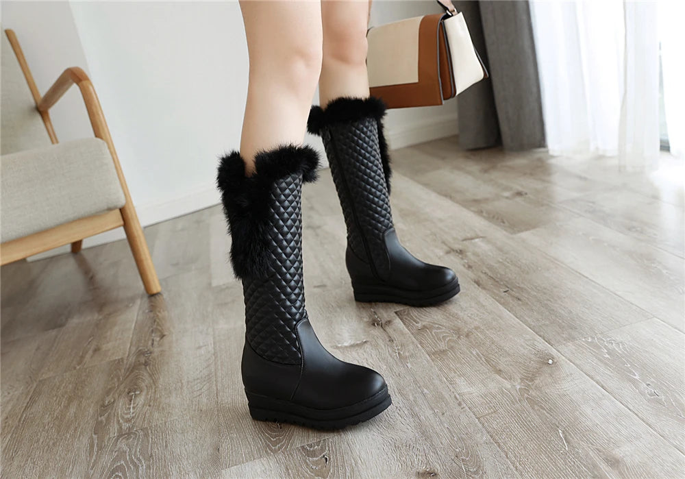 Winter Warm Fur Knee High Boots Womens Platform Snow Boots High Heels Female Padded Shoes  High Boots  Free Ship Big Size 41