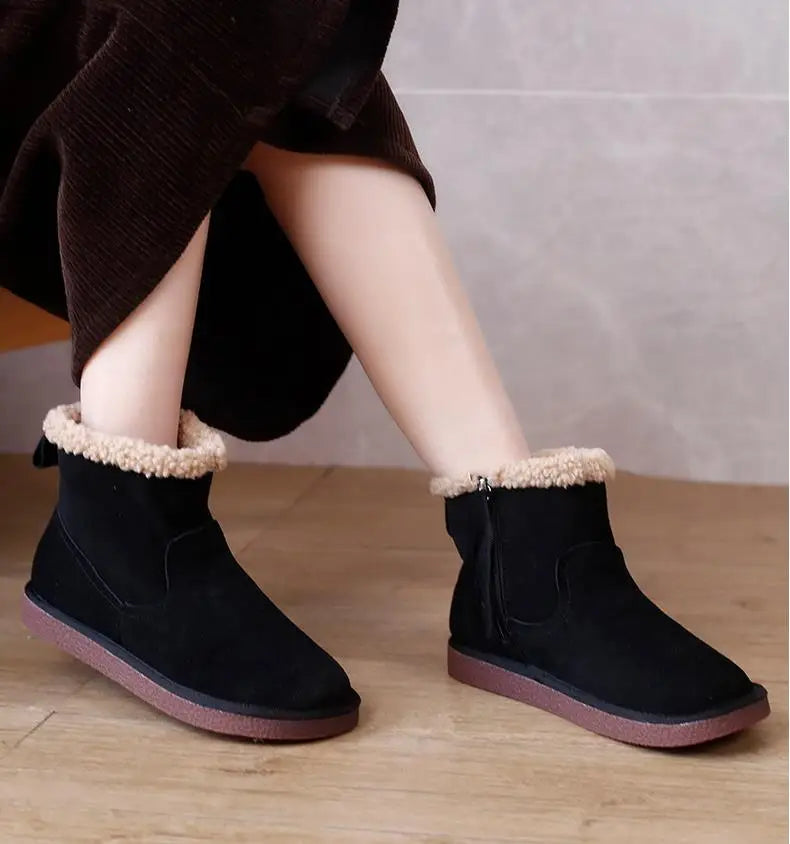 Careaymade-Genuine cow leather Snow cotton round head flats woolen short boots plush warm snow boots Oversized shoes size 35-43