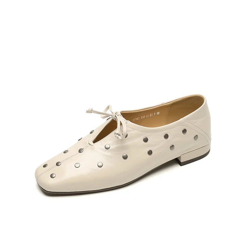 Dilalula 2025 Spring Genuine Leather Rivet Pumps Women Lace Up Low Thick Heels Soft Back Young Women Leather Leisure Pumps