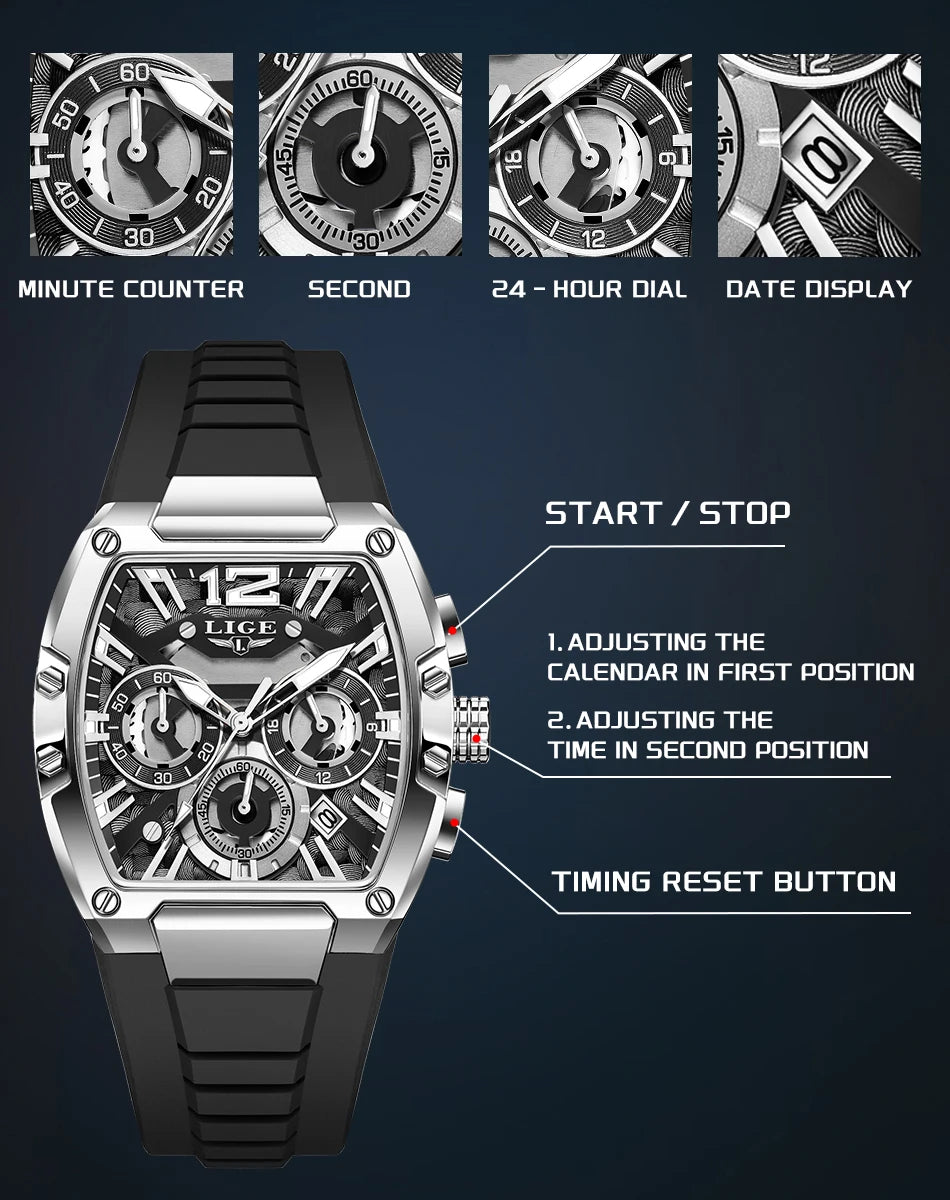 LIGE Fashion Simple Man Watch Casual Sports Military Waterproof Silicone Strap Luminous Quartz Watches for Men Chronograph Gifts