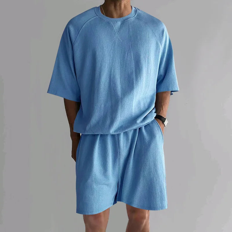 New 2026 Summer Men's Two Piece Sets Casual Loose Short Sleeve O Neck Tees and Shorts Tracksuits Men Stylish Solid Color Suits