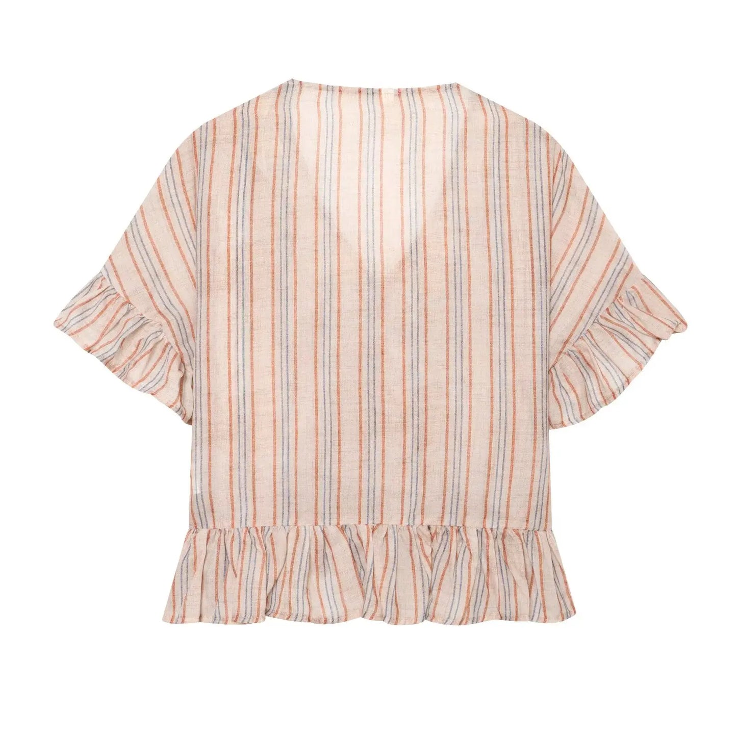 KONDALA Casual Striped Summer Woman Suits Lace-up V-Neck Shirt+ Drawstring Lace Shorts Fashion 2026 Female Elegant Tiered Sets