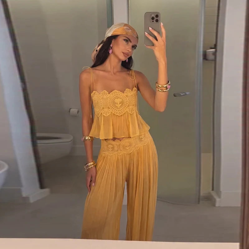 Sheer Layers Lace Stitching Solid Women's Suit Sling Mini Top High Waist Loose Long Skirt Fashion 2026 Summer New Beach Lady Set