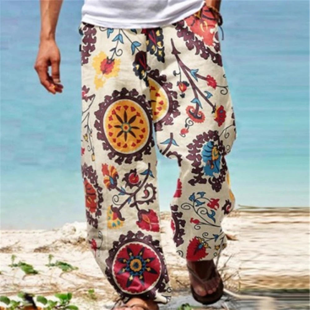 Mens Casual Baggy Harem Pants Elastic Waist Beach Loose Wide Leg Hippy Trousers