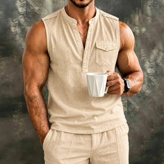 2026 Cotton Linen Shirts Men's Casual Sleeveless Vest Lace Up Shirts Retro V Neck Tank Tops Loose Shirt Male Solid Color Clothes