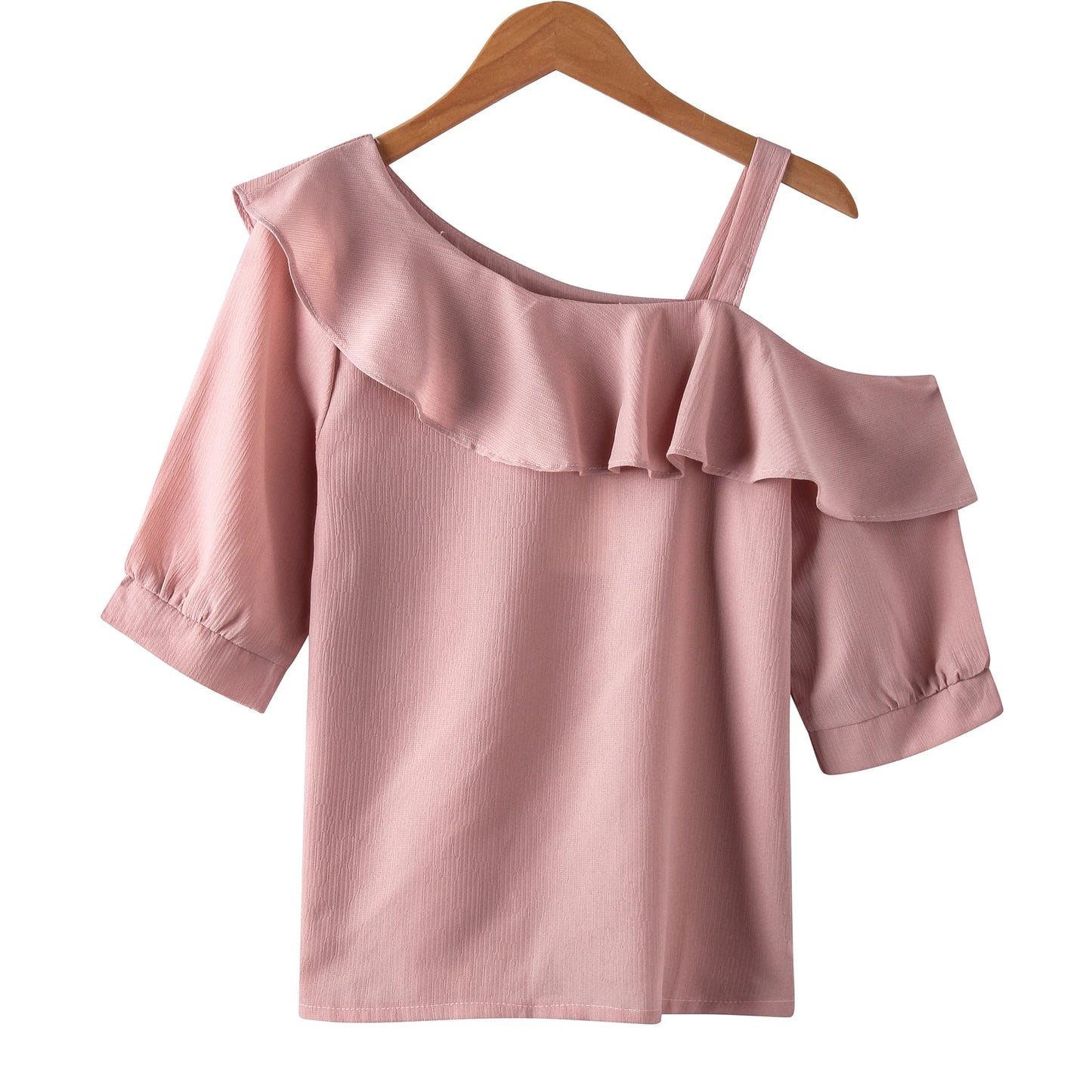 Women's One Shoulder Ruffles Chiffon Blouse Shirt Short Sleeve Pullover Acetate