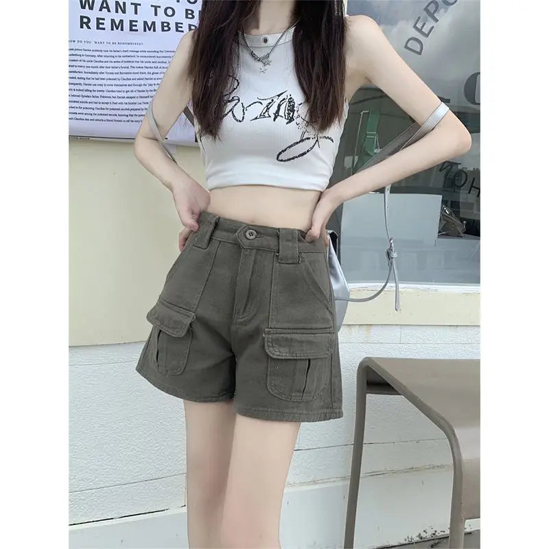 Straight Cargo Shorts Women Fashion American Retro Simple Leisure All-match Hot Summer Streetwear Mid Waist Pockets Designer Ins