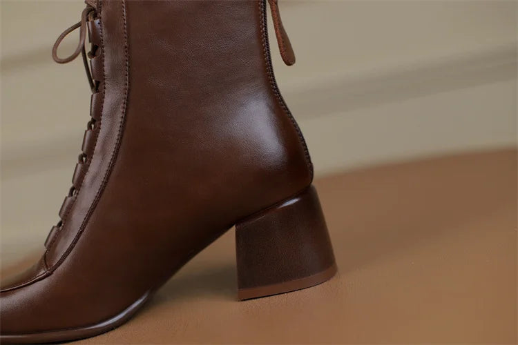 2026 Fashion Women Shoes Split Leather Short Boots Square Toe Chunky Boots Winter Shoes Women Solid High Heel Boots for Women