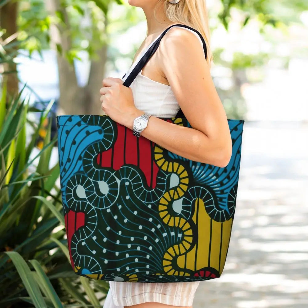 African Ankara Prints Grocery Shopping Tote Bags Women Geometric Ethnic Art Canvas Shoulder Shopper Bags Big Capacity Handbag