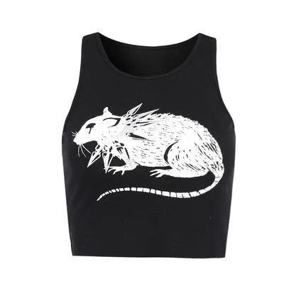 Mouse Print Black Tank Goth Sexy Bodycon Cropped Tops Women Streetwear Harajuku O Neck Knitted Basic Tank Top