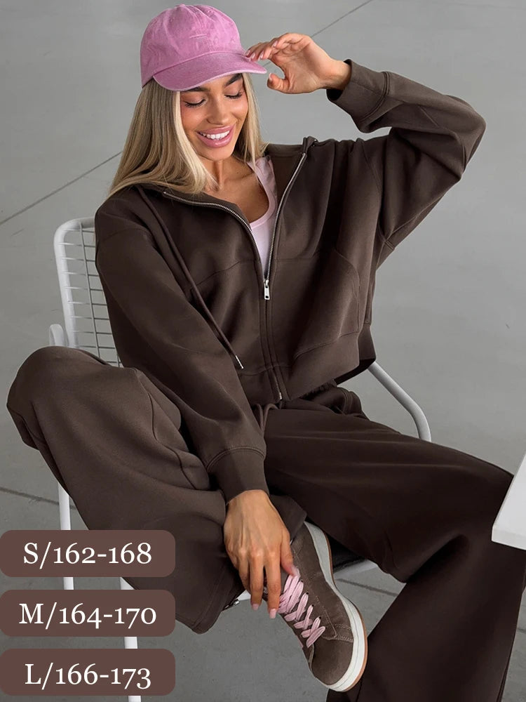 Women Tracksuit Hoodies and Trousers Two Piece Set Casual Zipper Sweatshirt Solid Color Drawstring Sports Pants Workout Sets
