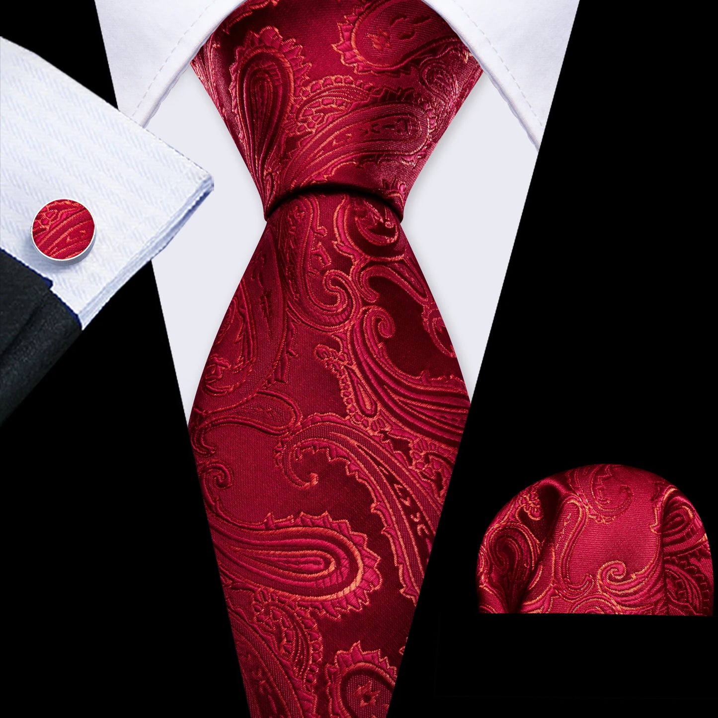 Exquisite Rust Red Silk Ties For Men Designer Pasiley High Quality Handkerchief Cufflinks Set Wedding Party Business Barry.Wang BAZAARHUBO