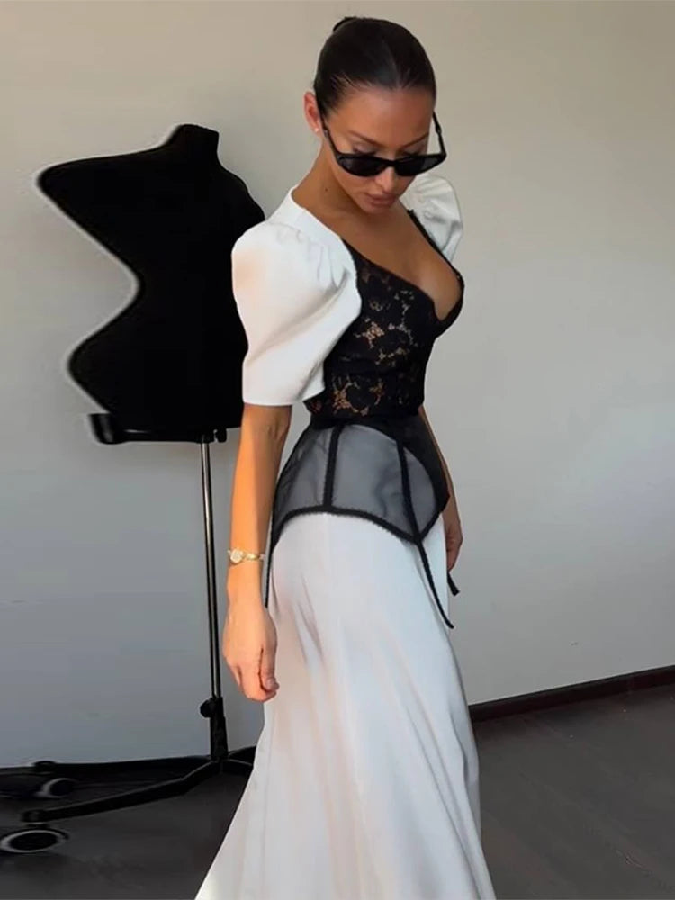 Lace Trim Satin Peplum Midi Dress Deep V-Neck Puff Sleeve A-Line 2026 Spring Summer Chic Elegant Romantic Women Cocktail Dress