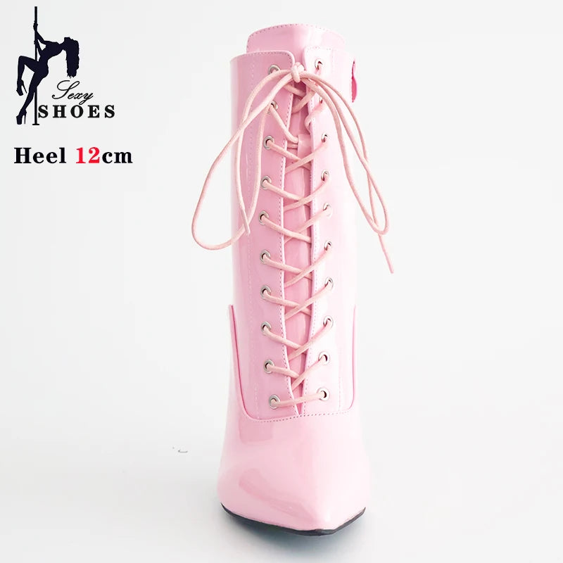 Cross-tied Pink Pointed Toe Ankle Boots 12cm Sexy Fetish Stripper Shoes Patent Leather ZIP Short Boots Women Heels Plus Size 46