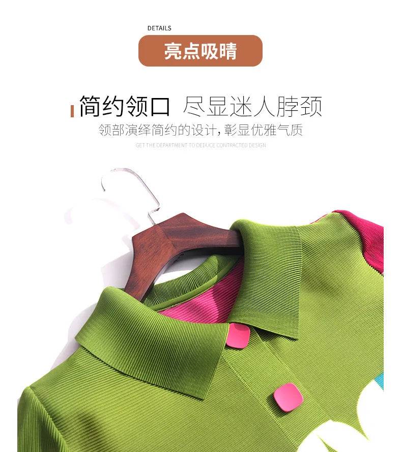 Miyake Pleated Dress Women 2024 Spring New High-End Design Sense Printing Lapel 3/4 Sleeve Single-breasted Fashion Shirt Dresses