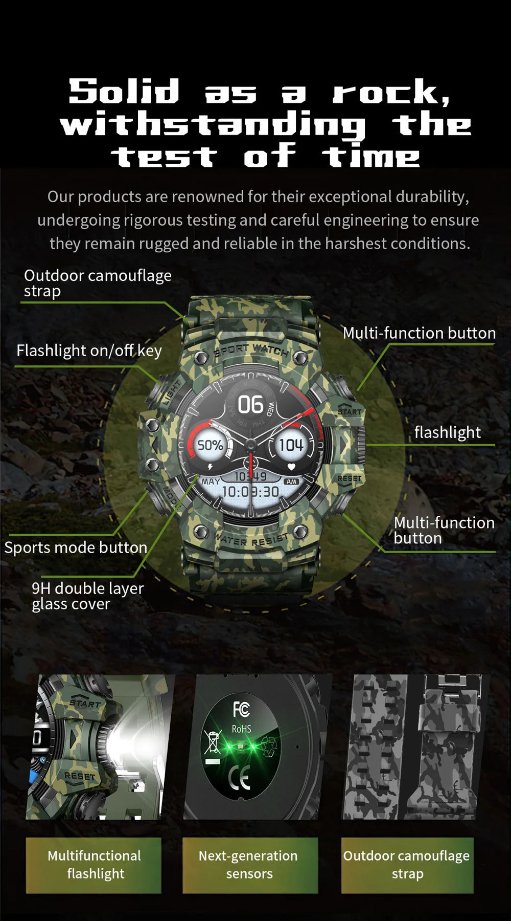 Outdoor Sports Smart Watches Men Blue Tooth Call Smartwatch Compass Waterproof Sleep Health Monitoring Message Push Flashlight