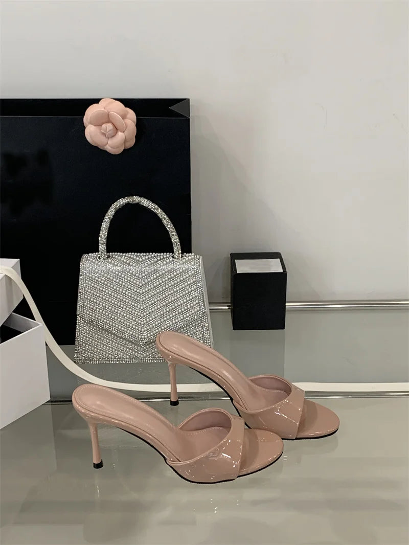 Liyke White Patent Leather Women Slippers Sandals Fashion Round Open Toe Thin High Heels Mules Slides Summer Party Dress Shoes