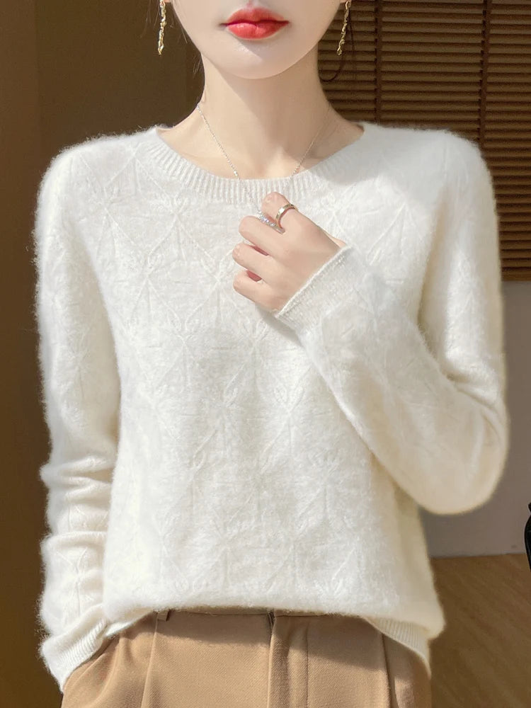 Women 100% Merino Wool Sweater Casual Hollow out Cashmere Blouse O-neck Pullover Tops Autumn Winter Warm Knit Woman Wool Sweater