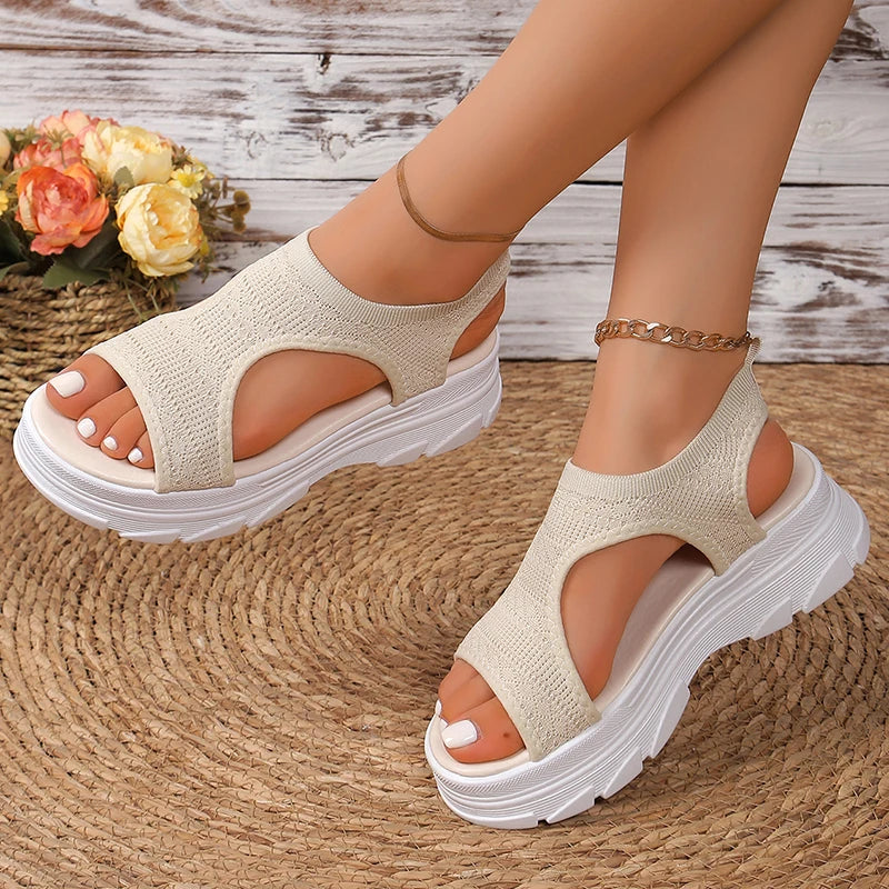 Hollow Out Knit Platform Sandals for Women 2025 Summer Fashion Breathable Sports Sandals Woman Thick Sole Non Slip Walking Shoes