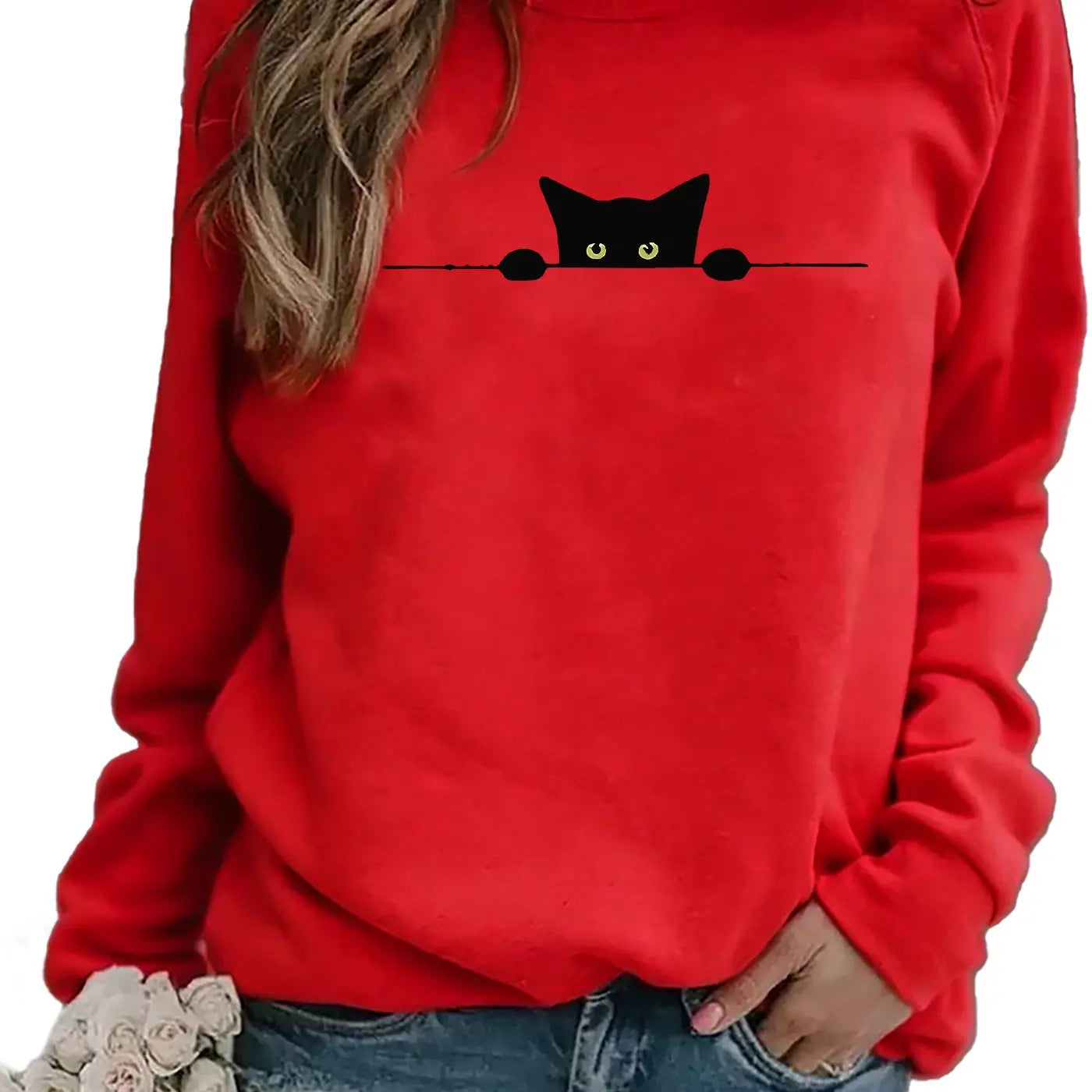 Women's Casual Blackcat Print Pullover Sweatshirt Geometric Design Long Sleeve Round Neck Machine Washable Regular Fit for Autum