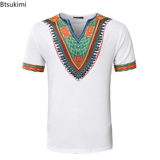 2026 Men's African Traditional Clothing Men Dashiki Short Sleeve T-shirt Fashion V-neck Printed Ethnic Style Casual Tops for Men