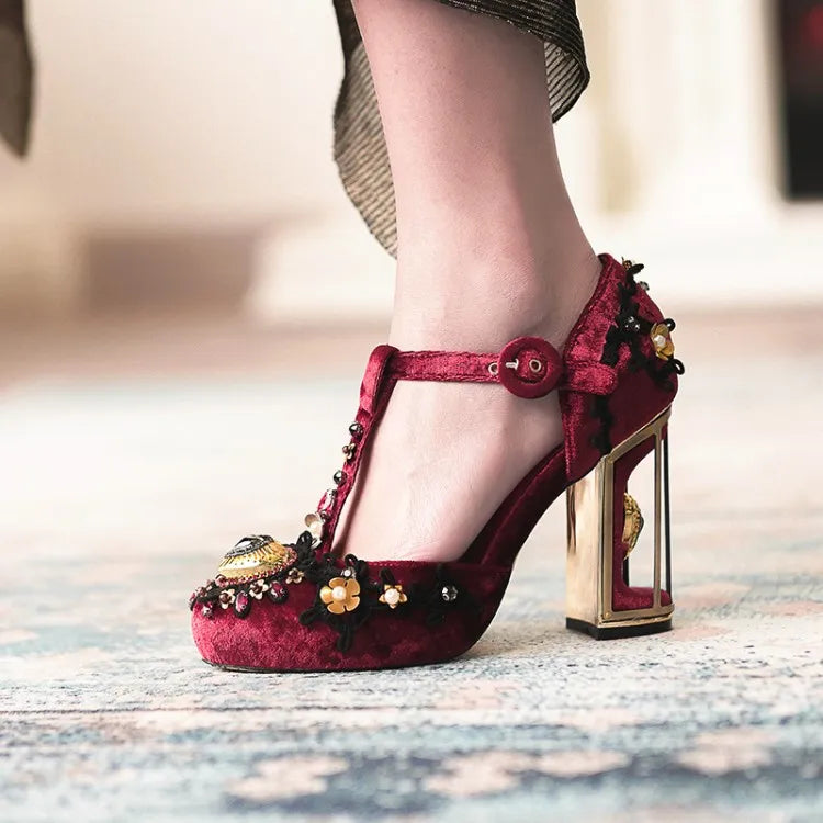 Light Blue Silk Women T-strap Pumps Platform Metal Flowers Decor Wine Red Wedding Shoes 10cm Fretwork High Heels Chaussure Femme