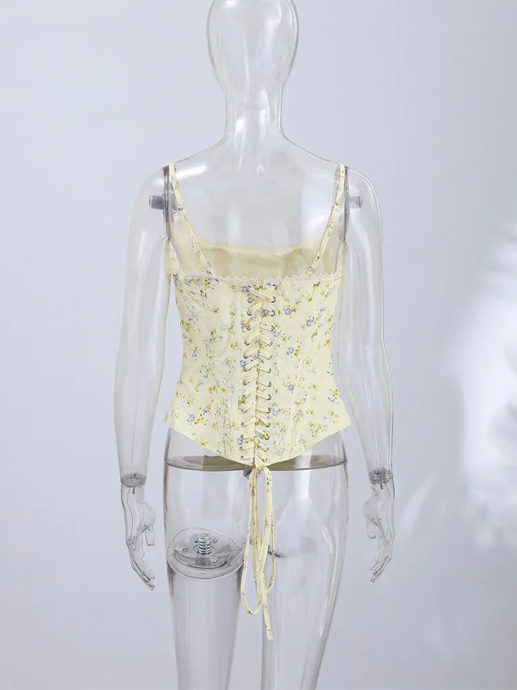 Floral Printed Fish-bone Tank Tops Women's Slim Sleeveless Back Lace-up Waist-cinching Blouses 2026 New Ladies Summer Outfit