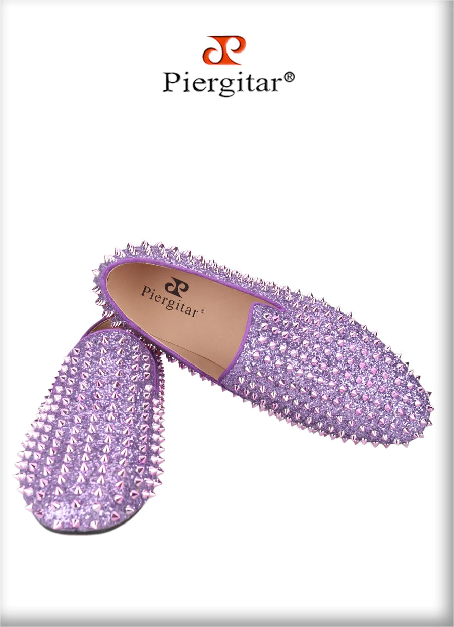 Piergitar Handmade Purple Spikes Men's Loafers For Party and Banquet Wear CL Same Classic Model Red Outsole Slip-On Flats
