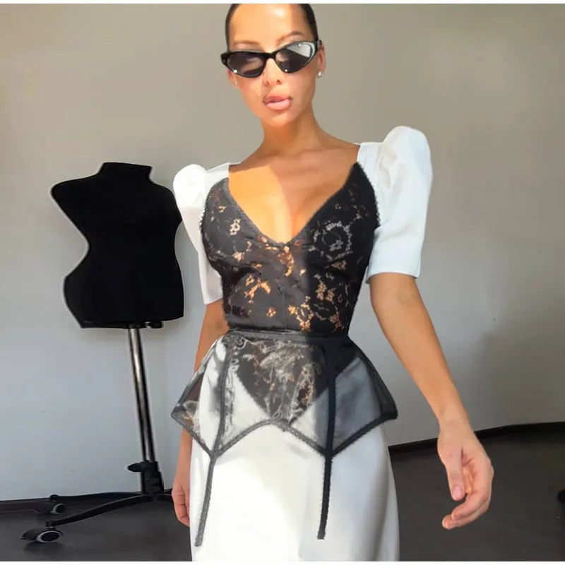Lace Trim Satin Peplum Midi Dress Deep V-Neck Puff Sleeve A-Line 2026 Spring Summer Chic Elegant Romantic Women Cocktail Dress