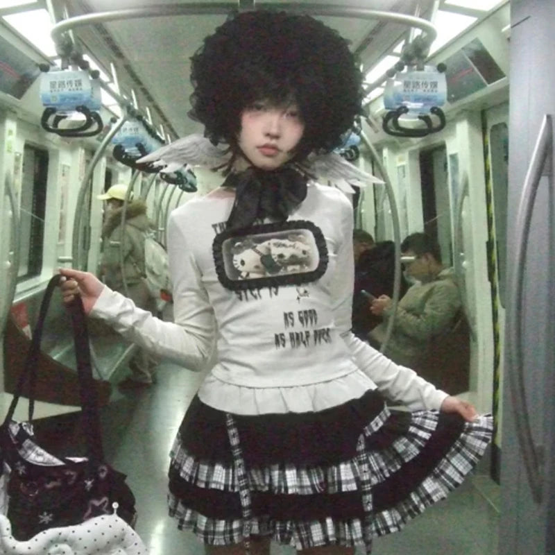 Karrram Japanese Y2k Anime Print T-shirt Trashy 2000s Style Long Sleeve T Shirt Vintage Harajuku Lace Patchwork Tops Grunge 90s