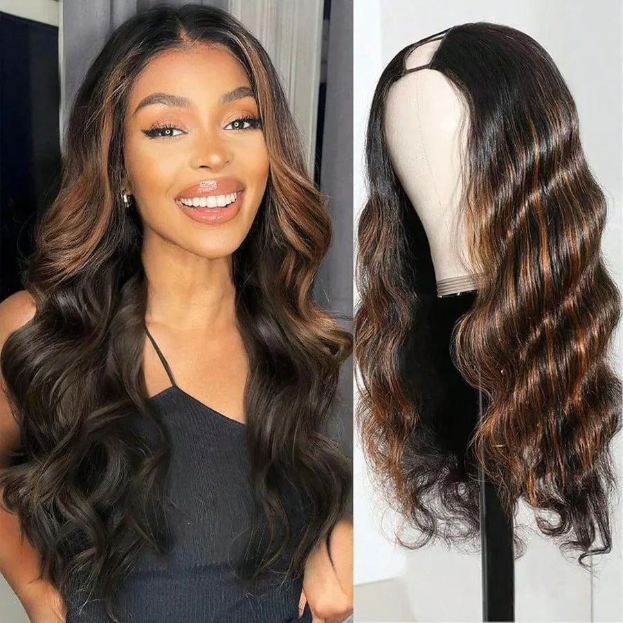 Ombre V Part Wig Human Hair Body Wave Upgrade U Part Human Hair Wig With Clips Black Wigs For Women 230% Density No Leave Out